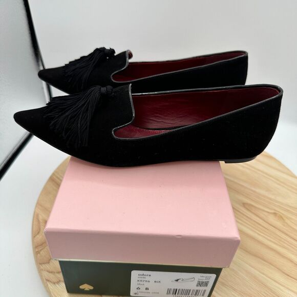 Kate Spade Adore Loafer Shoes Womens 6B Black Suede Tassels Slip On Pointed Toe - Picture 4 of 9